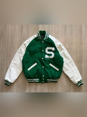 Texas Star Green Letterman Varsity Jacket Sz L Wool Bonded Leather S